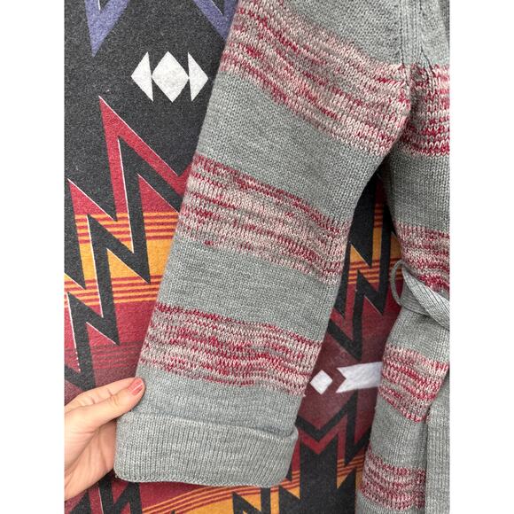 70s Women's Striped Cardigan Sweater Medium Space Dye Red Gray Belted Bel Sleeve - Picture 2 of 6